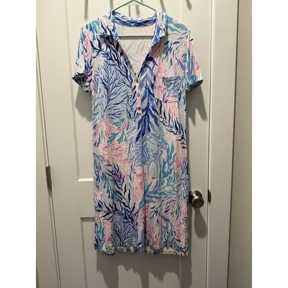 Women’s Lilly Pulitzer SADIE POLO DRESS Crew Blue Tint Kaleidoscope Coral Large - Picture 2 of 6